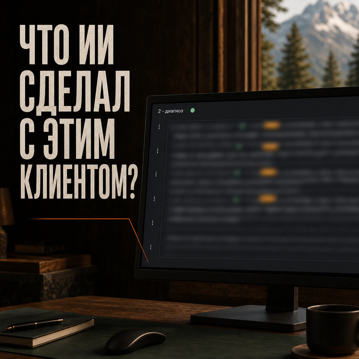 Обезличенная панель диагностики ИИ-агента на мониторе и вопрос о том, что агент сделал с клиентом.