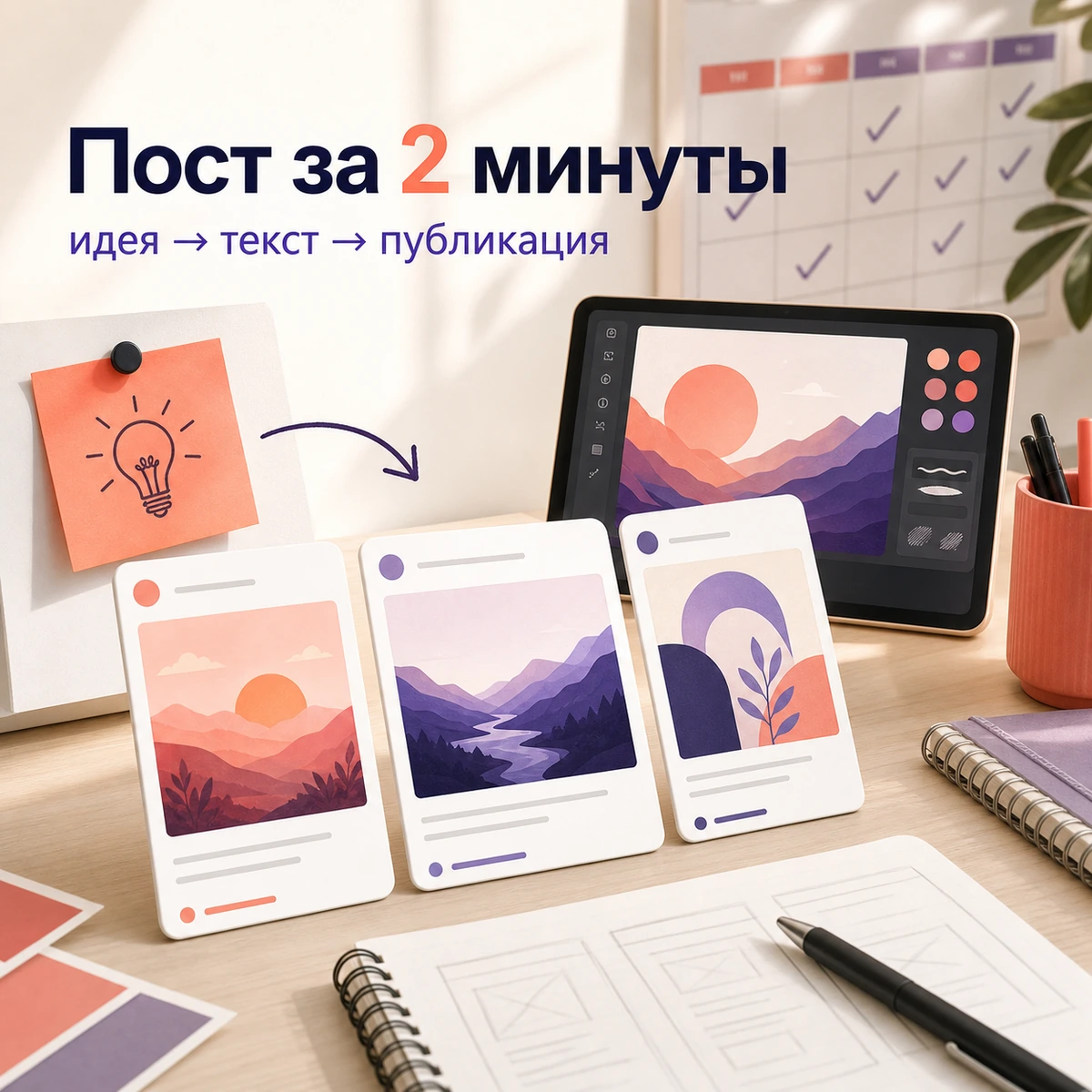 Обложка кейса: идея превращается в пост, картинку и публикацию
