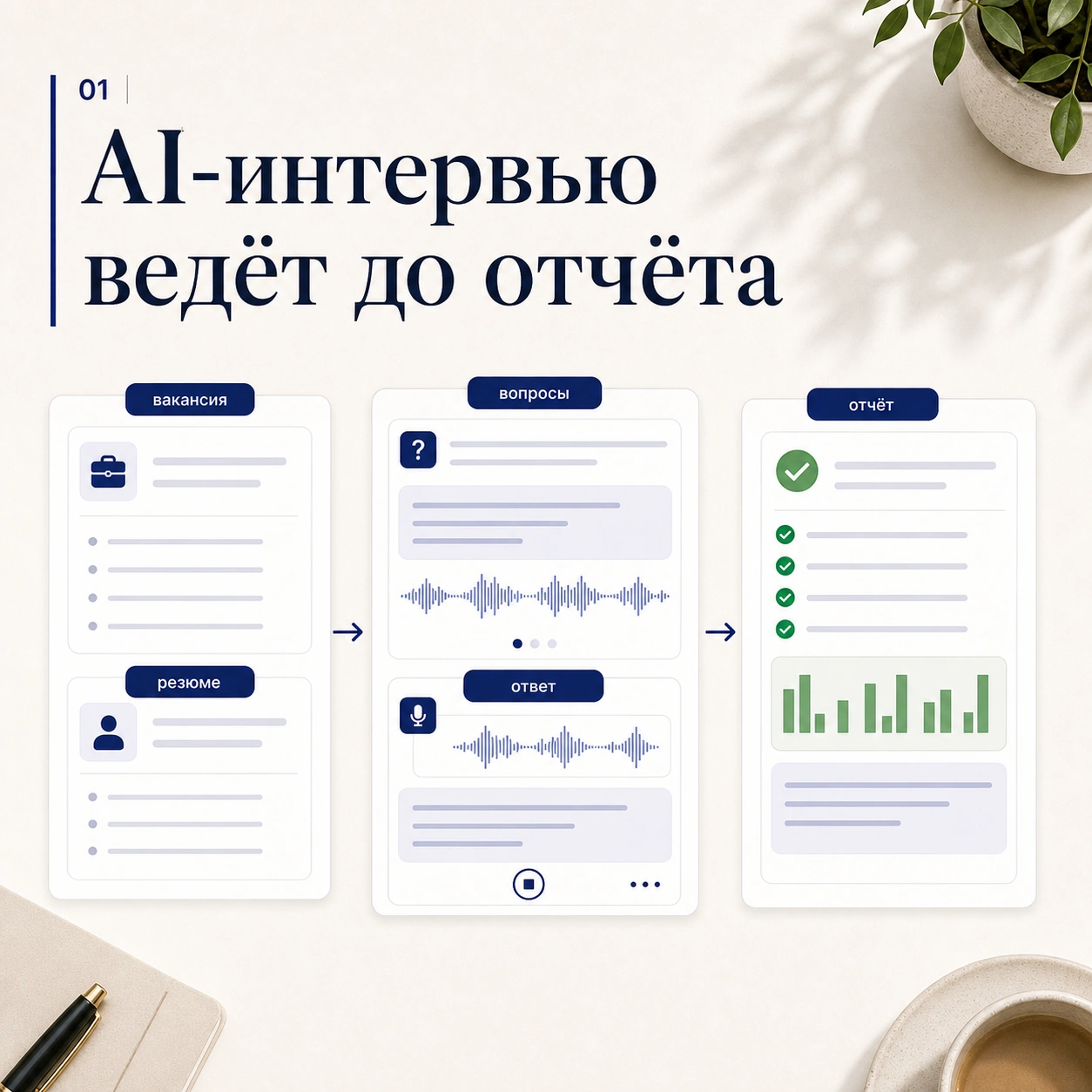 Обложка кейса с маршрутом AI-интервью от вакансии и резюме до вопросов и отчёта