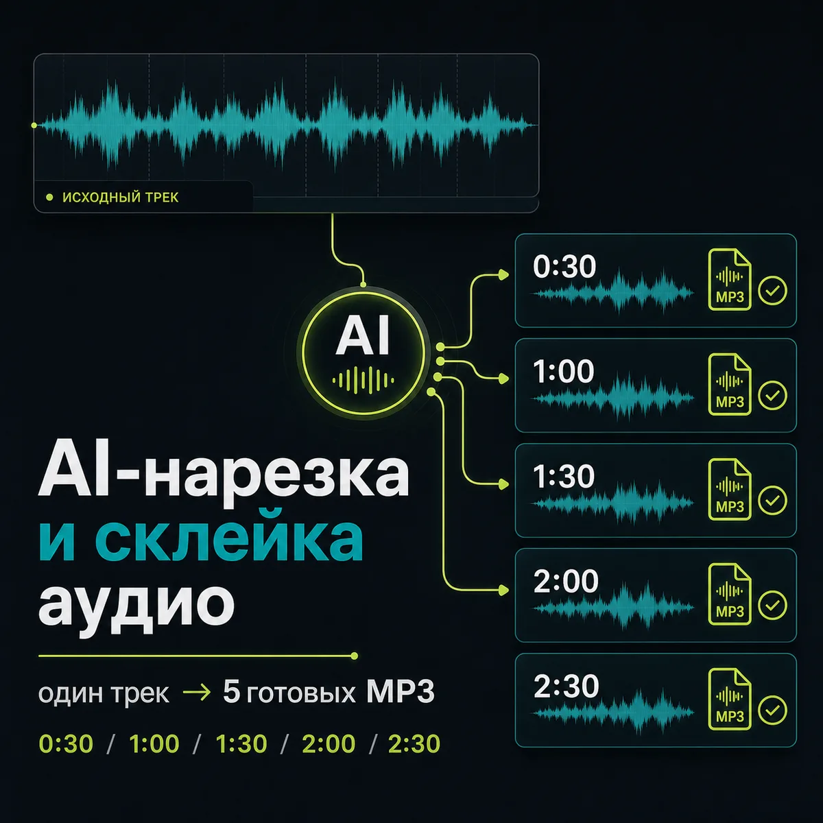 Обложка кейса: AI-нарезка и склейка аудио собирает пять MP3-версий из одного трека