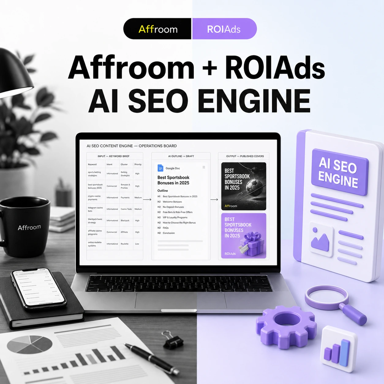 Affroom и ROIAds в AI SEO-конвейере - строка в таблице становится Гугл-доком, обложкой и статусом