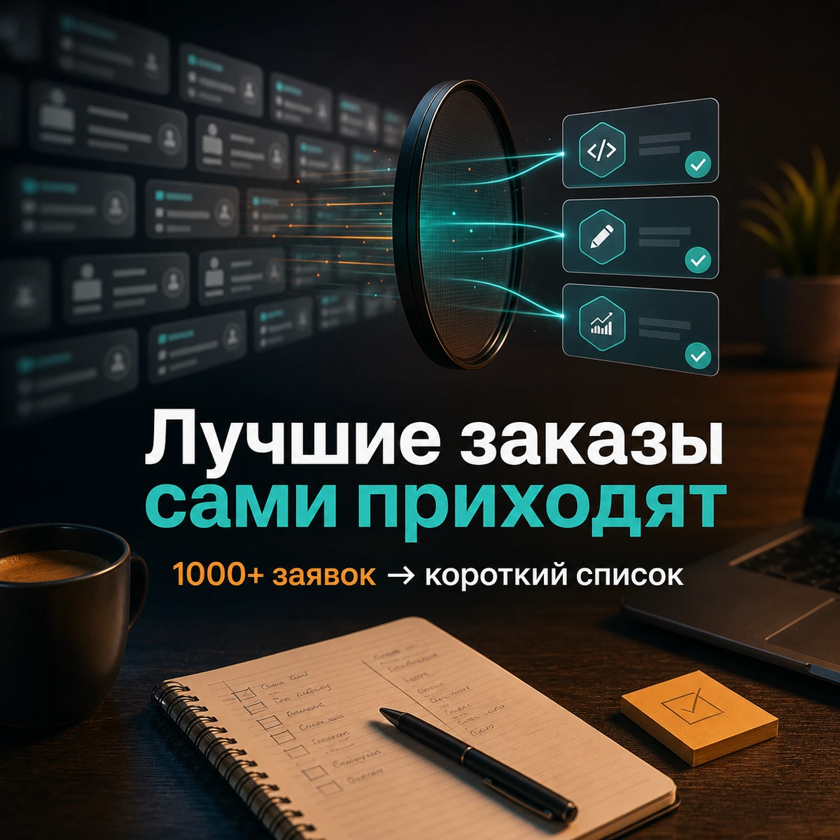 Обложка кейса: поток заявок фильтруется в короткий список лучших заказов
