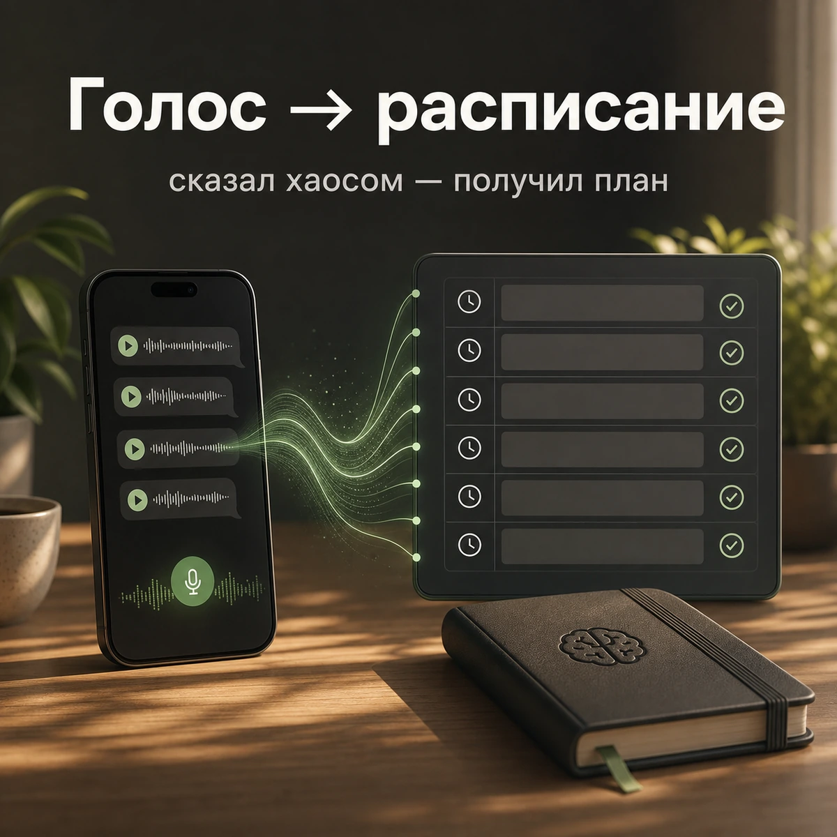 Обложка кейса: голосовой поток превращается в расписание и план дня