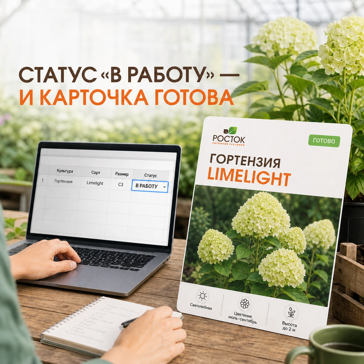 Обложка кейса: статус «В РАБОТУ» превращает строку таблицы в готовую карточку растения