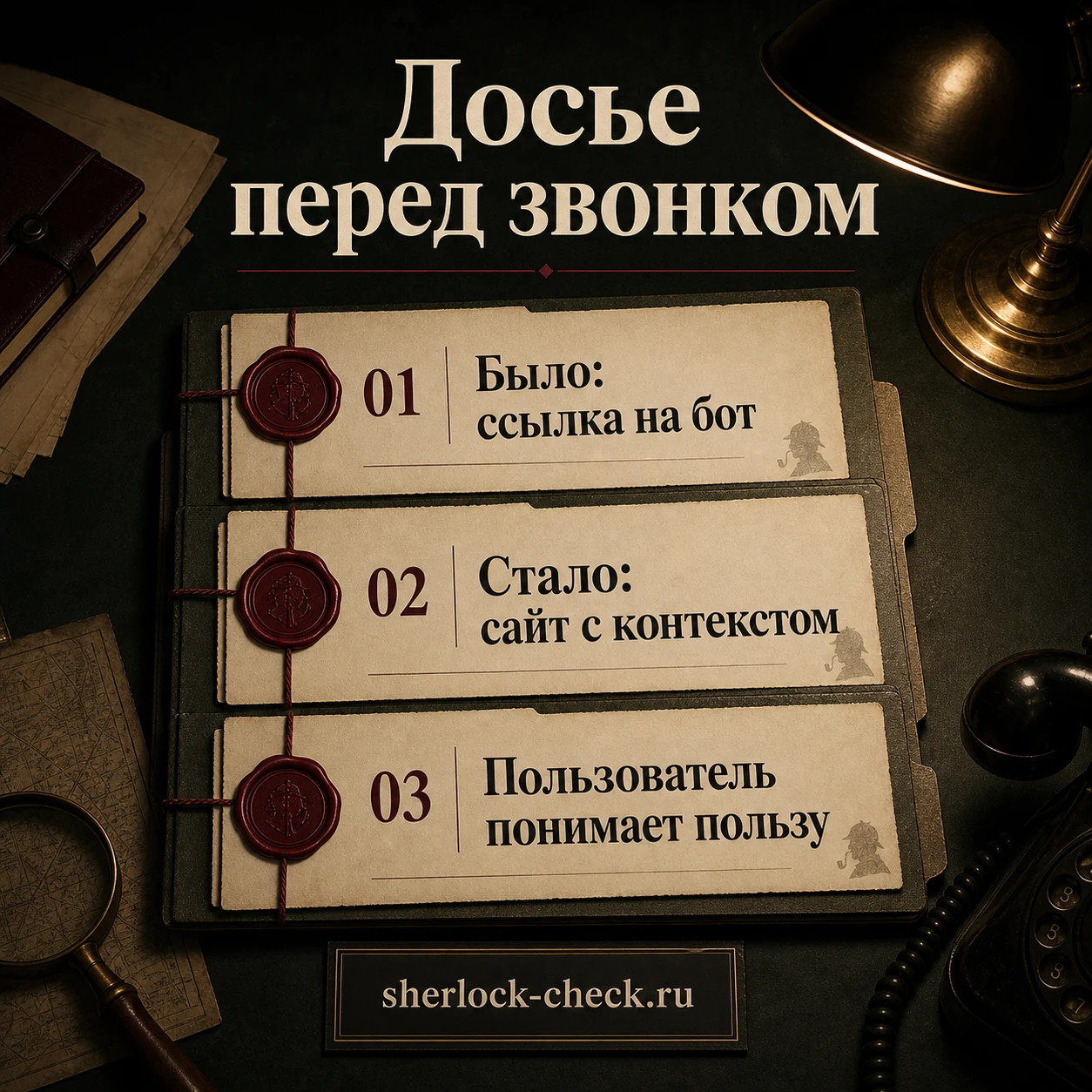 Слайд SherLock: досье перед звонком показывает переход от ссылки на бот к сайту с контекстом