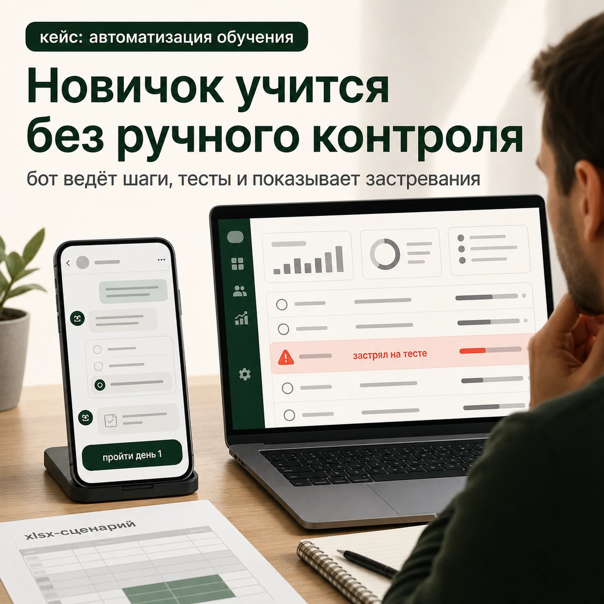 Новичок учится без ручного контроля, а руководитель видит застревание на тесте