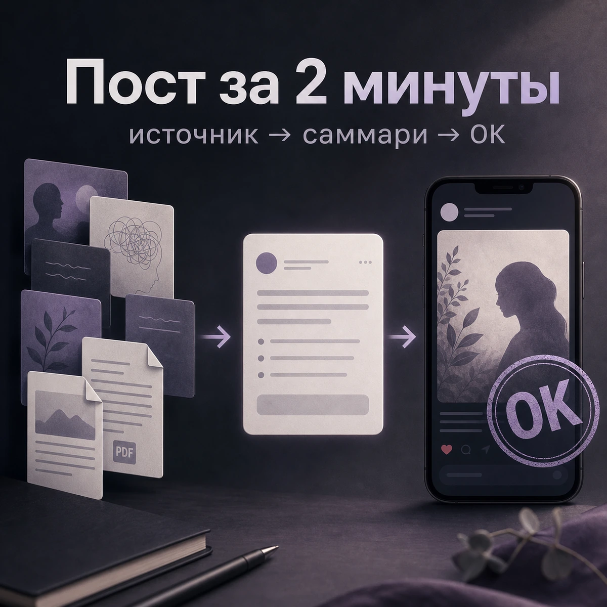 Обложка кейса: источник и PDF превращаются в саммари и готовый пост