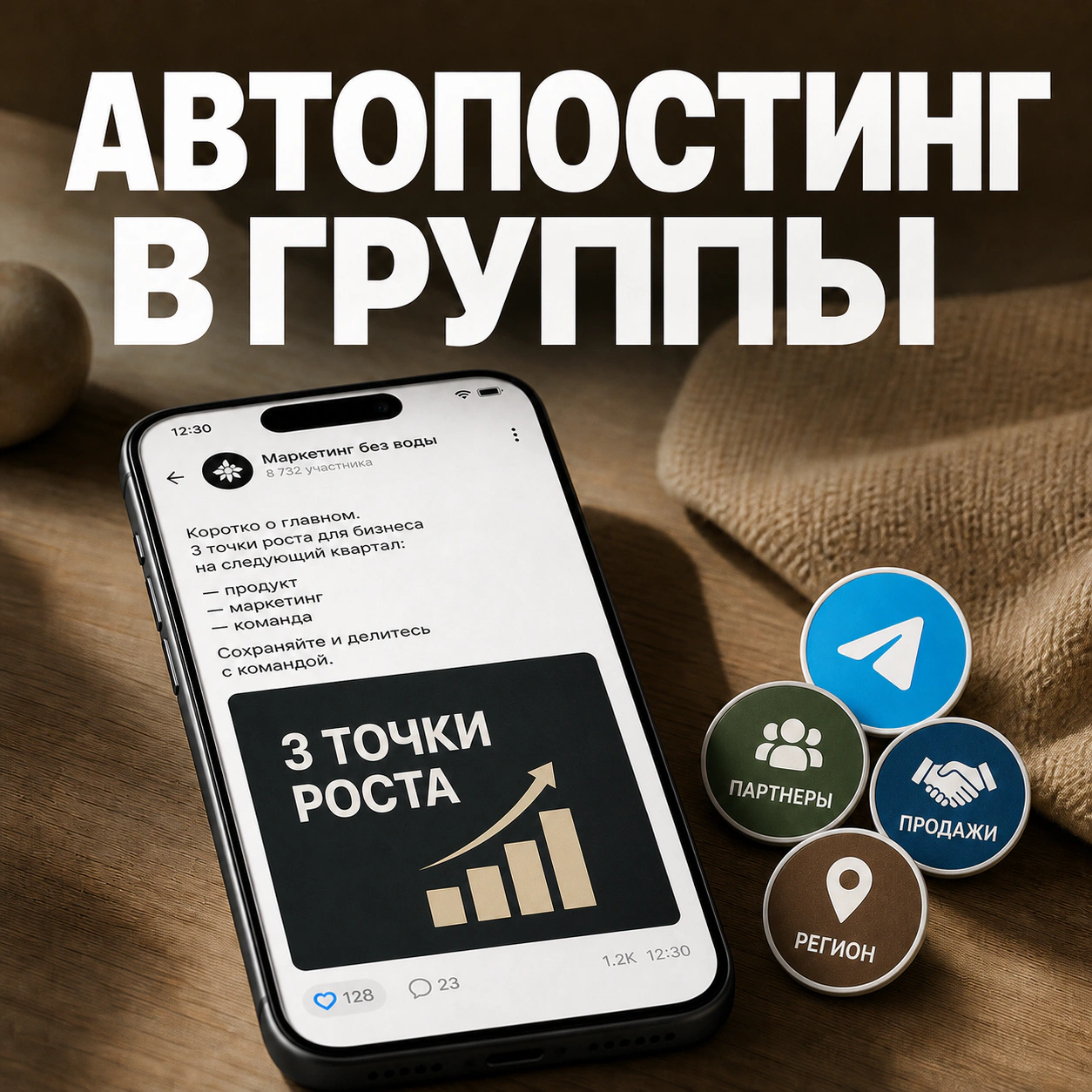 Один готовый пост публикуется в группы Партнеры, Продажи и Регион в Телеграме