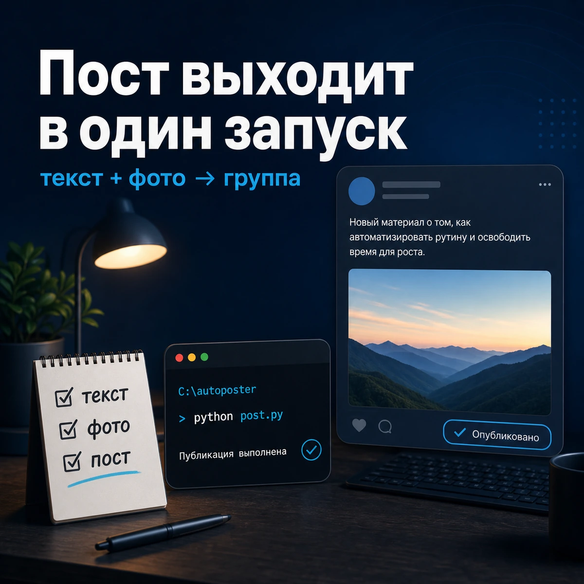 Обложка кейса: один запуск публикует пост с текстом и фото в группу ВК