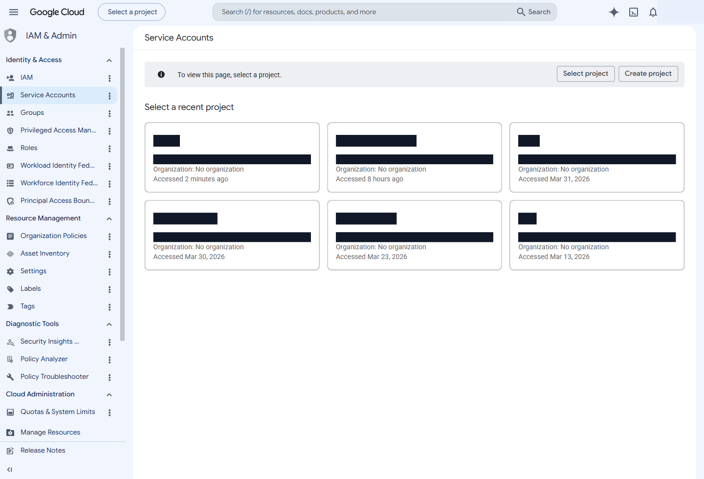 Выбор проекта в Google Cloud Console