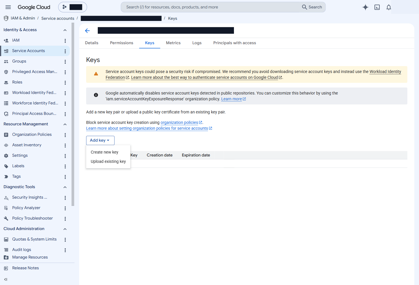 Меню Add key и пункт Create new key