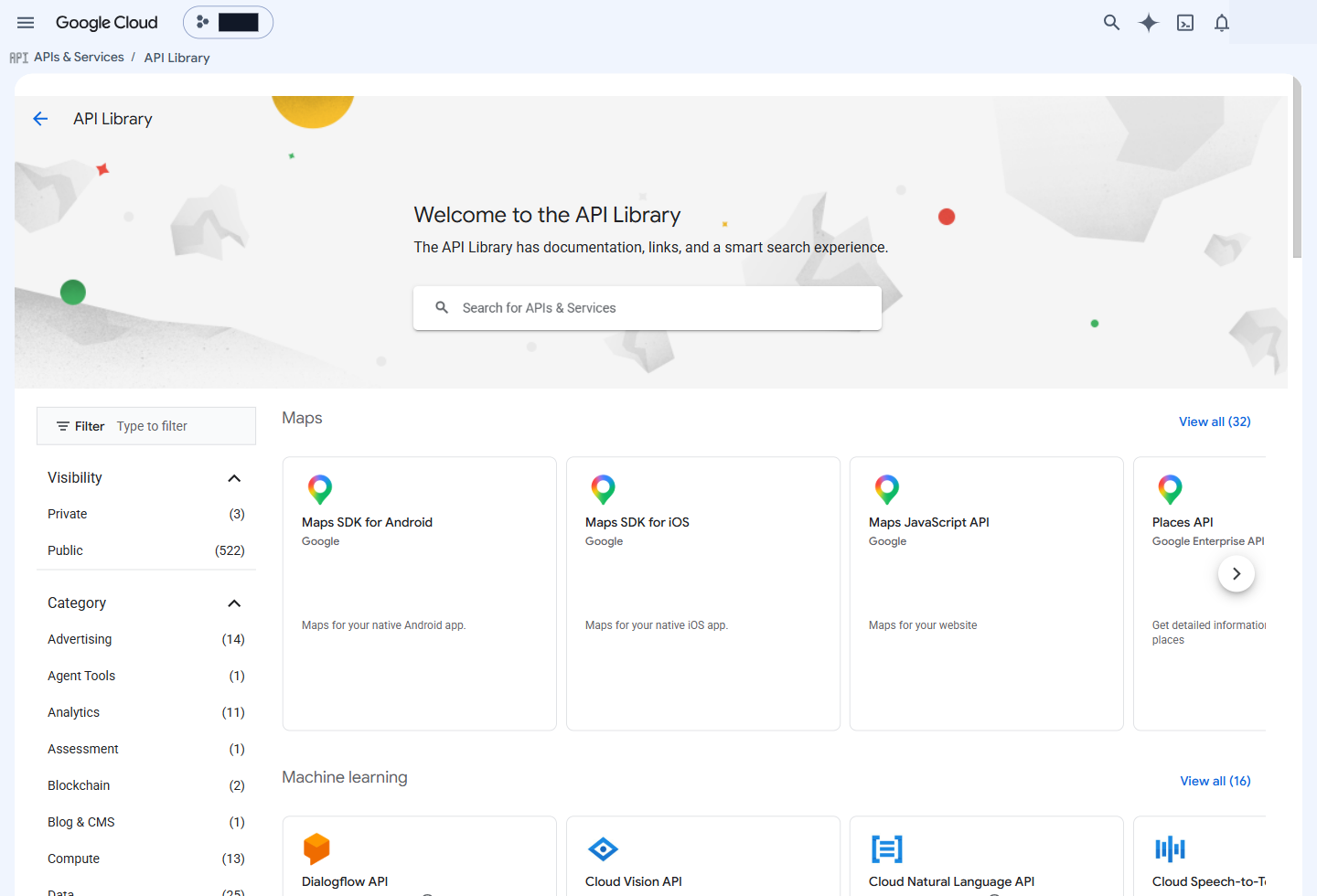 Раздел API Library в Google Cloud