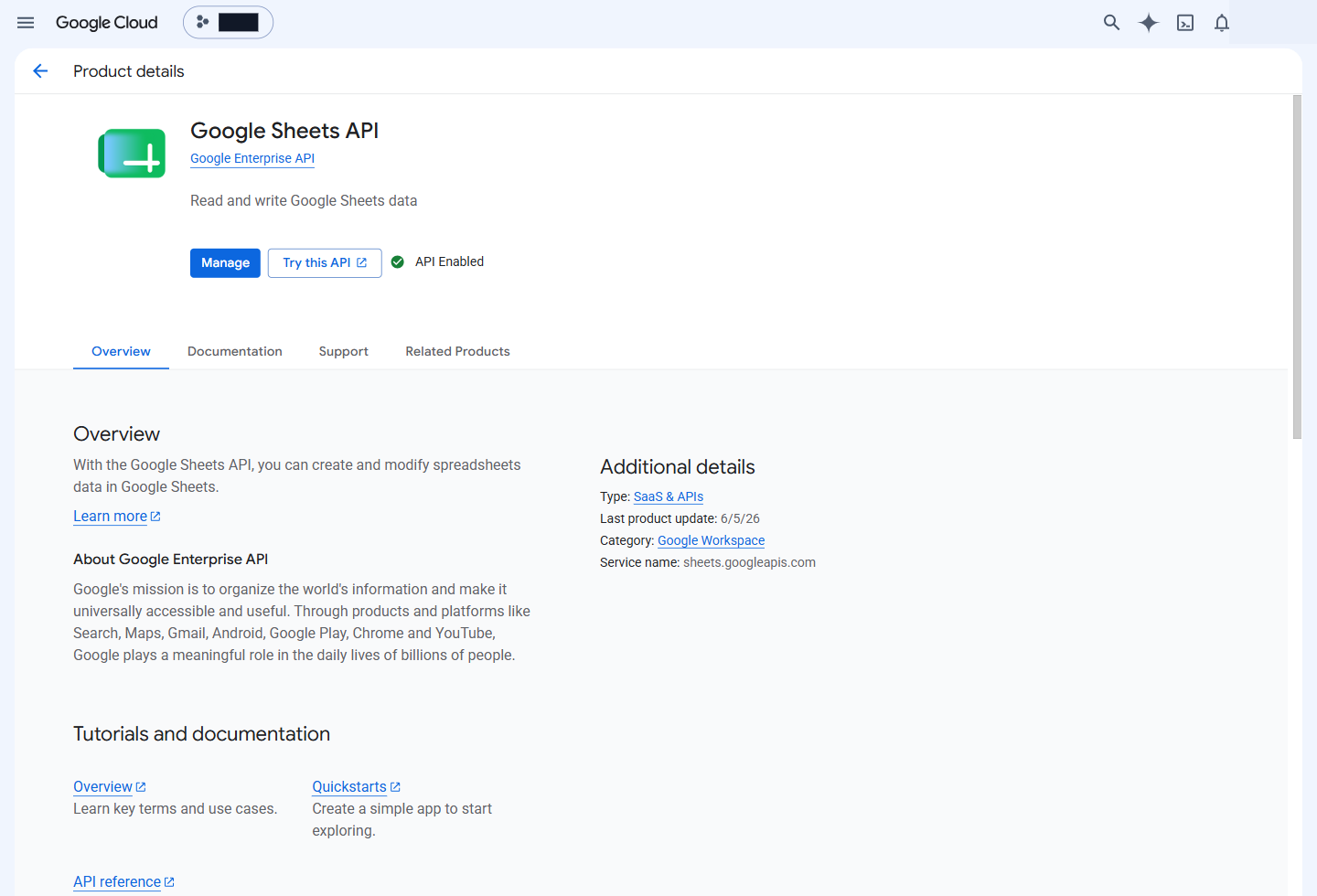 Страница Google Sheets API в Google Cloud
